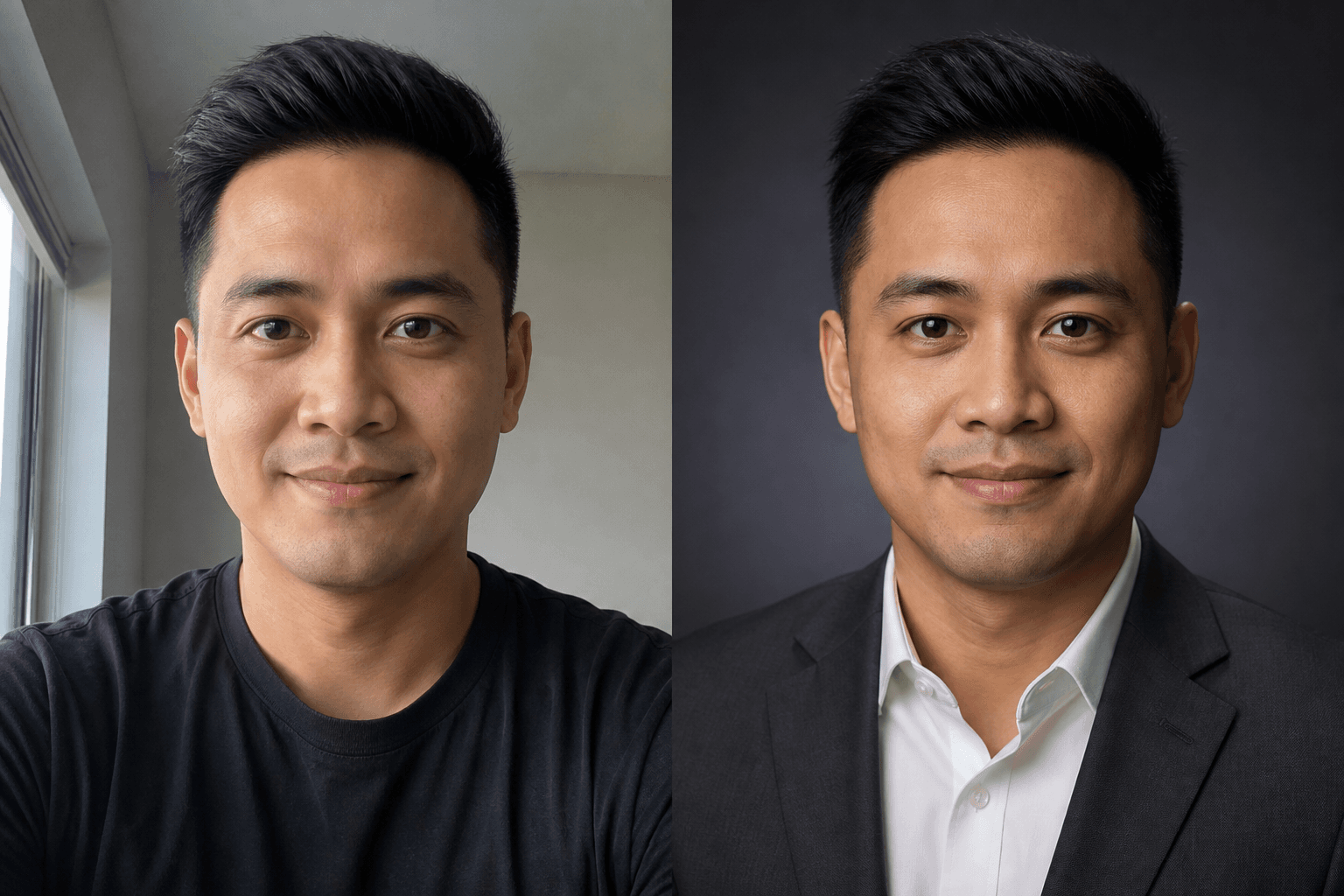 Illustrative reference photo and finished professional portrait shown side by side